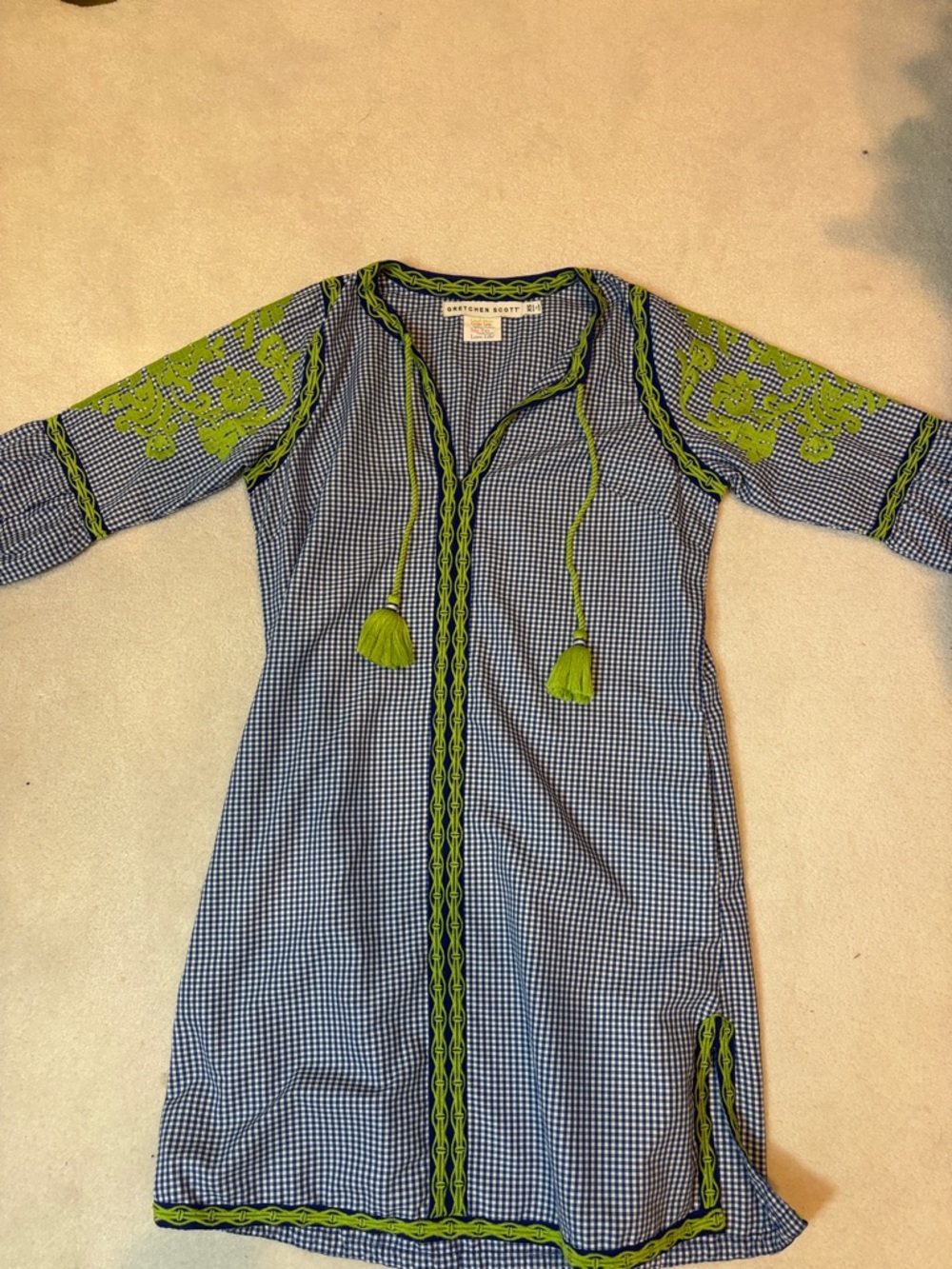 Gretchen Scott Blue Gingham Tunic Dress with Lime Green Embroidery